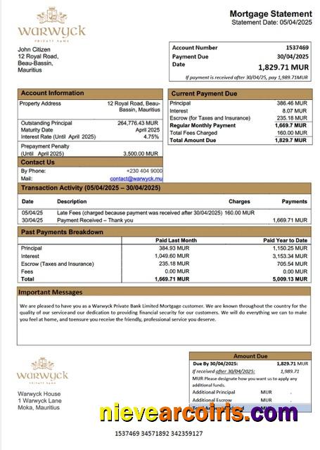 Mauritius Warwyck Private Bank Limited mortgage statement Word and PDF template